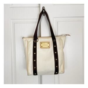 Louis Vuitton Antigua Cabás MM Canvas Tote Bag Cream Brown Trim Brass Rivets